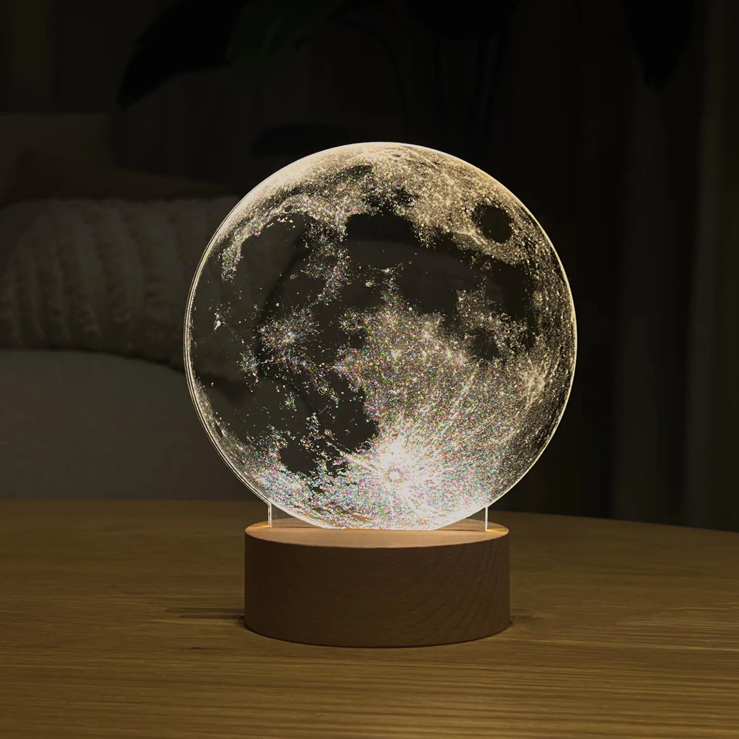 Ball Night Lamp With Moon Motif, Backlit Wooden Base