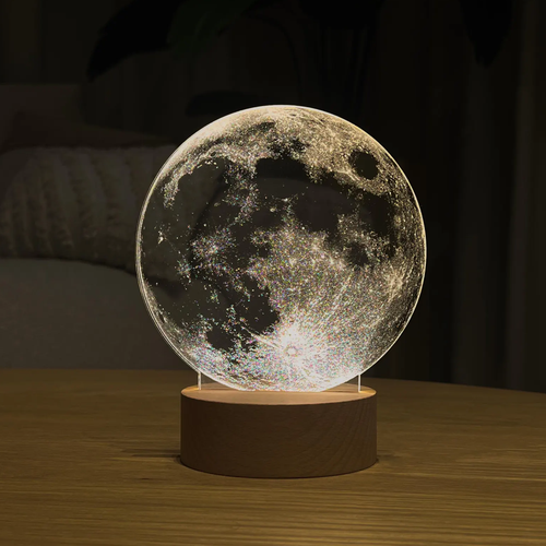 Ball Night Lamp With Moon Motif, Backlit Wooden Base