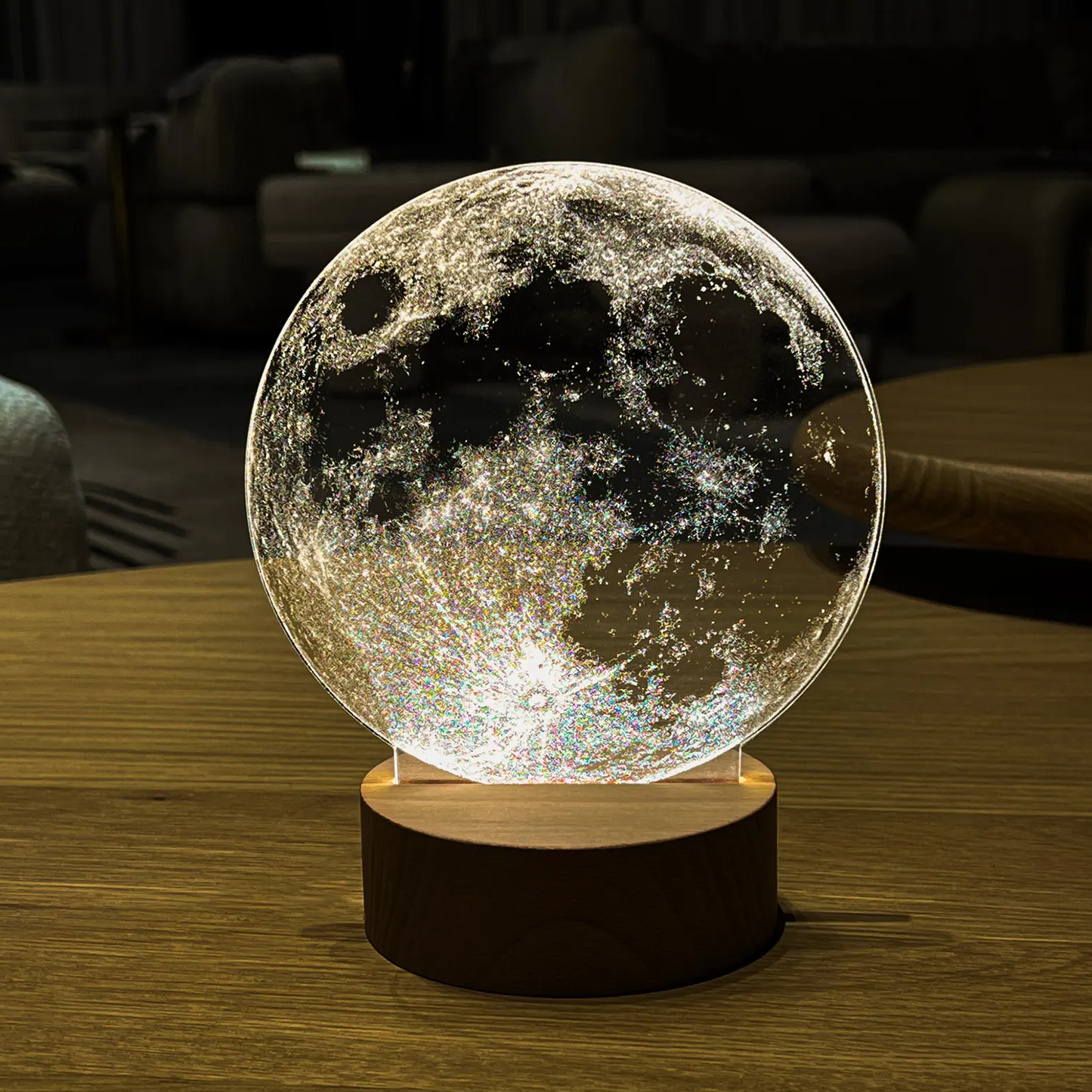 Ball Night Lamp With Moon Motif, Backlit Wooden Base
