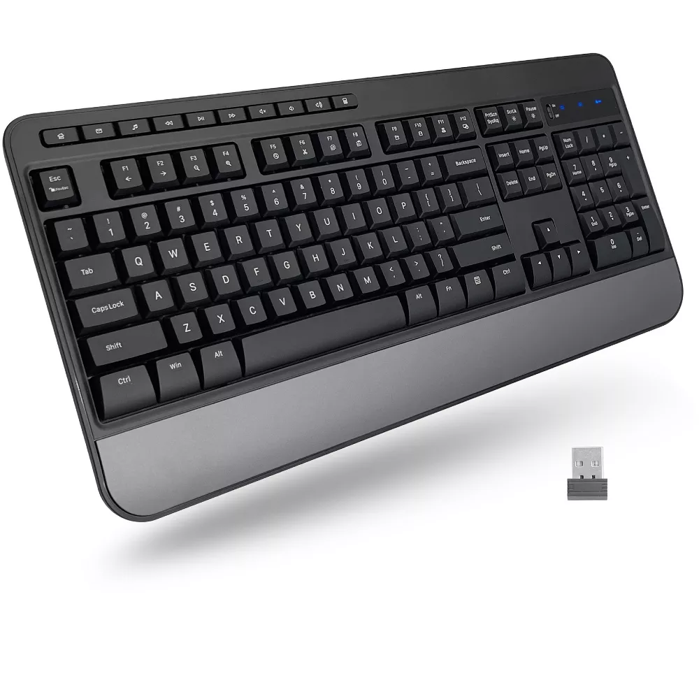 2.4GHz RF Wireless Full Size Multimedia Keyboard with Integrated Wrist Rest